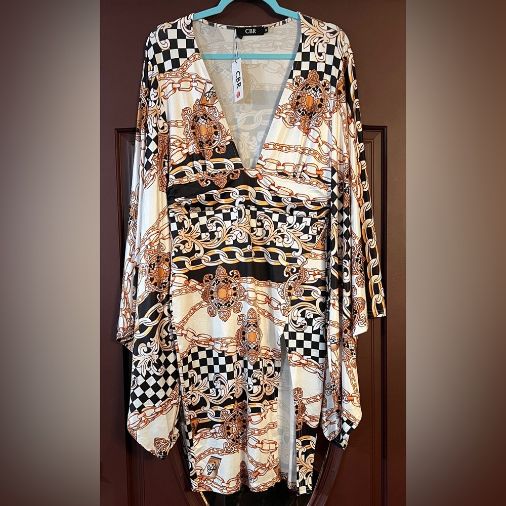 CBR Gold, Black & Cream Chain-Print Surplice Dress
